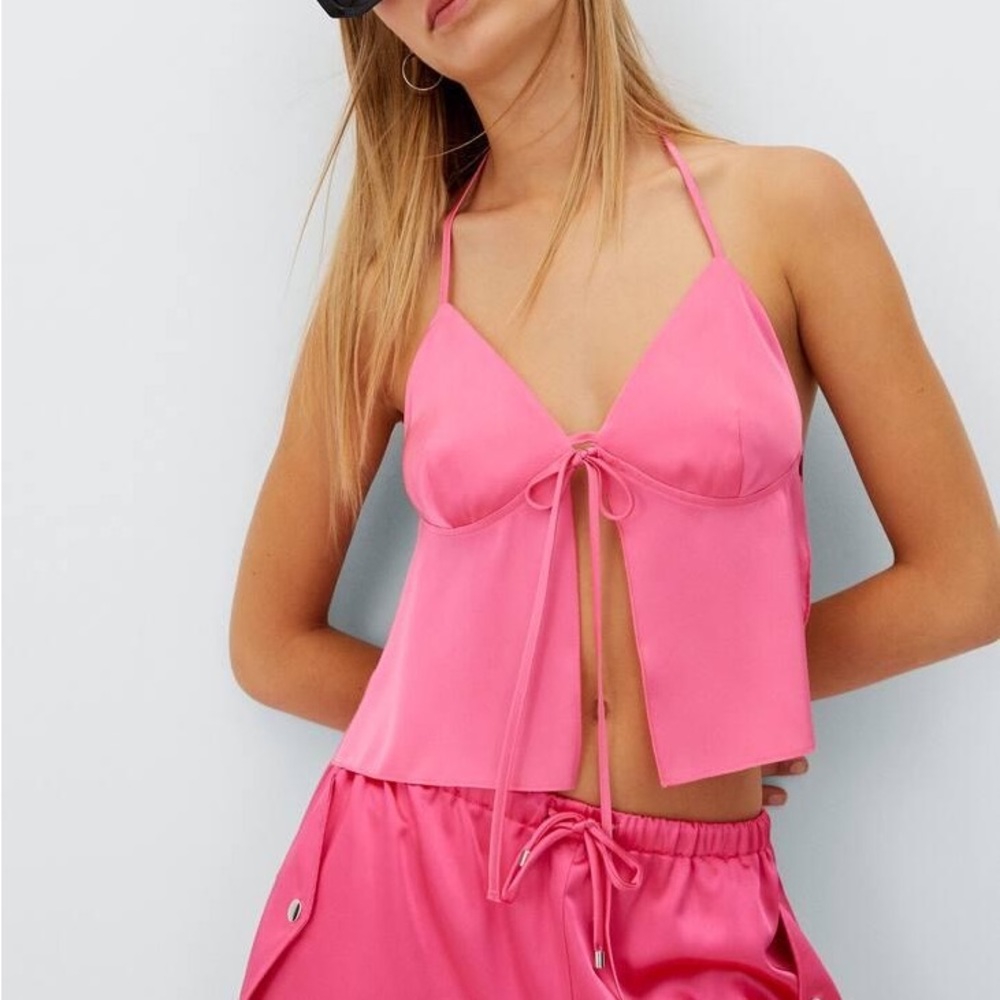 Stradivarius x Pacha Pink Satin Backless Top